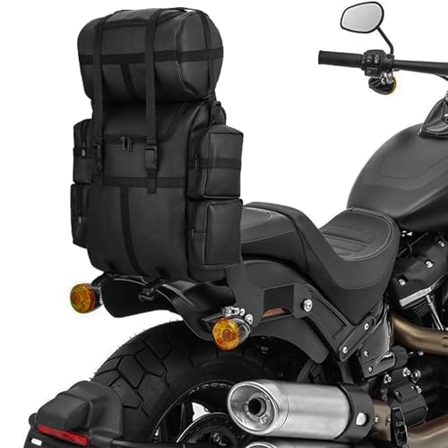 Expandable Black PU Motorcycle Sissy Bar Bag, Weather Resistant Luggage with Secure Mounting and Multiple Storage Compartments