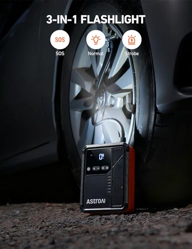 AstroAI Beta822 3000A Jump Starter with Air Compressor, 150PSI Portable Tire Inflator with Auto-Shutoff, 12V Car Battery Booster (9.0 Gas/7.0L Diesel) with LED Light and Jumper Cables, Black - color: Black