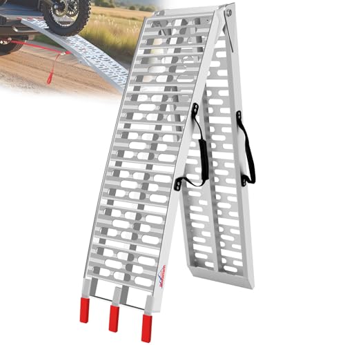 Ruedamann 7.5FT Aluminum Motorcycle Ramp, 750 lbs Capacity, Folding Truck Ramp for ATV, Motorcycle, Lawn Mower, Dirt Bike, Ribbed Plate Traction, Rubber-Tipped Fingers, Load Straps Included, 1 PC