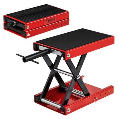 TUFFIOM 1100LBS Motorcycle Scissor Lift Jack，Height Adjustable with Rubber Top Surface & Safety Pin, Foldable Motorcycle Center Stand for Dirt Bike ATV, Red - size: w/Rubber Top Surface