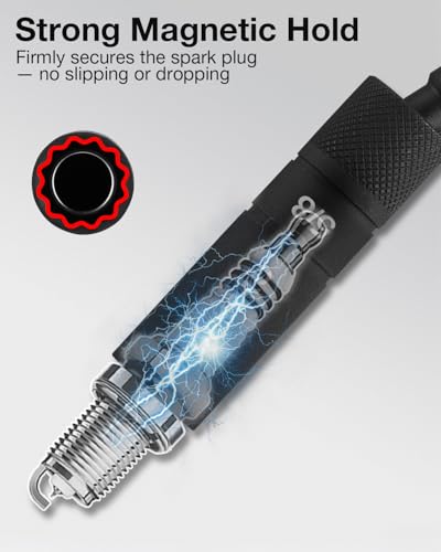 WORKPRO 5/8" Swivel Magnetic Spark Plug Socket 12-Point, 1mm Thin Wall, 360 Swivel, 3/8" Drive x 4", Black Phosphate Finish, Anti-Slip Knurled Grip - size: 5/8"×3/8"×4"
