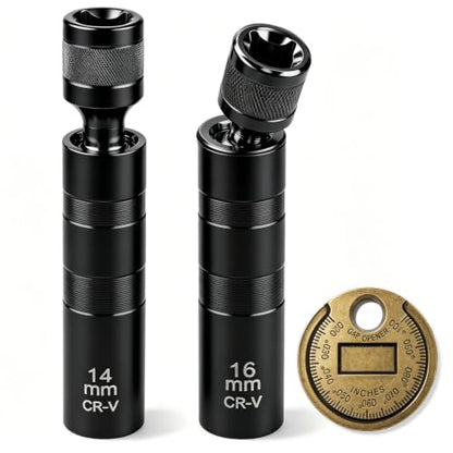 14mm&16mm Magnetic Swivel Spark Plug Socket Set- Thin Wall 3/8" Drive 12 Point Standard Spark Plug Sockets Removal Tool - CR-V Steel Made For Motorcycle, Car, SUV, BMW, Nissan, Mini, Mercedes (Black) - color: Black