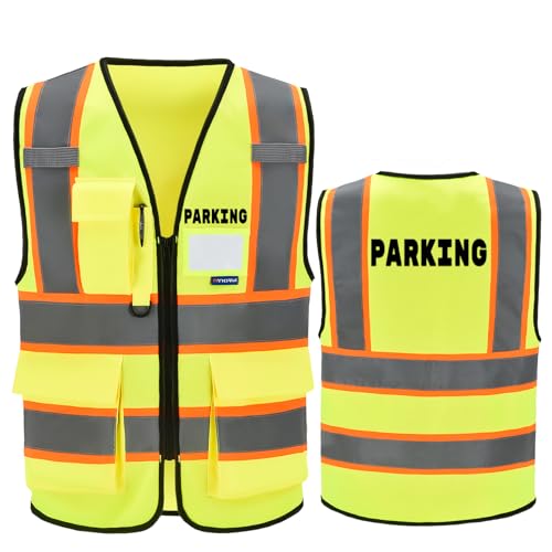 AYKRM Security Vest for Men Women 7 Pockets High Visibility Reflective Safety Vest Front Zipper Meets ANSI/ISEA - color: Yellow-parking, size: Small