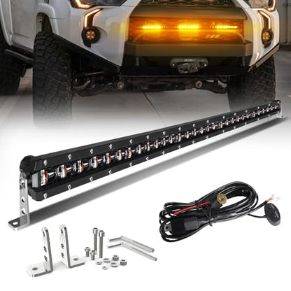 [White & Amber Strobe] 32 inch LED Light Bar Single Row Flashing Lights [Straight] Police with Wiring Harness for Off-Road Truck SUV UTV Car - color: 32in [Straight][White & Amber Strobe]