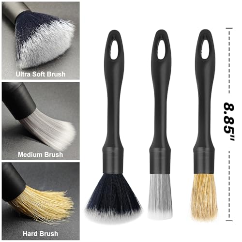 3PCS Car Detailing Brush Set - Interior or Exterior Car Cleaning Brush, [Durable Bristles] Ultra Soft Boars Hair Car Detailing Brushes, Auto Detail Brushes for Air Vent, Leather Seat, Wheels, Emblems