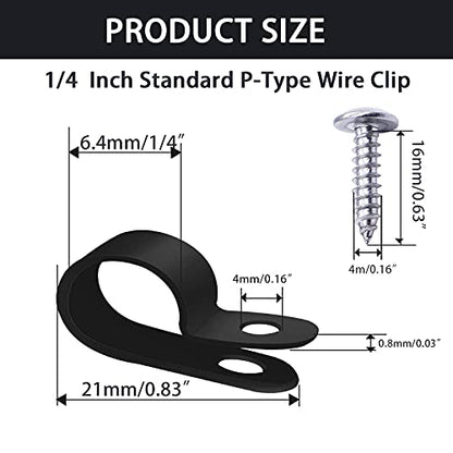 mankk 100PCS 1/4 Inch Rope Light Clips P-Style Mounting Clips Plastic Cable Clamps with Compatible Stainless Steel Pan Head Phillips Screws for Wire Management M-034-BK-LS - size: 100 Pack 1/4Inch