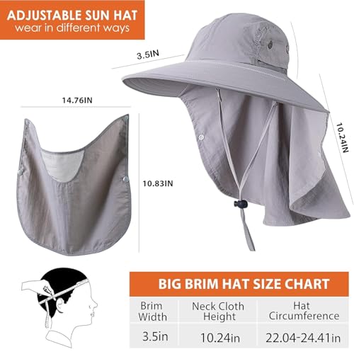Mens Women Fishing Hat UPF 50+ Wide Brim Sun Hat with Face Cover & Neck Flap - color: Grey