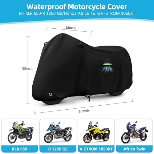 Motorcycle Cover Waterproof for Kawasaki KLR 650/R 1250 GS/Honda Africa Twin/V-Strom 1050XT, Heavy Duty Outdoor Sun UV Rain Dust All Weather Motorbike Cover with Soft Cotton Lining & Lock Hole-Balck - size: KLR 650