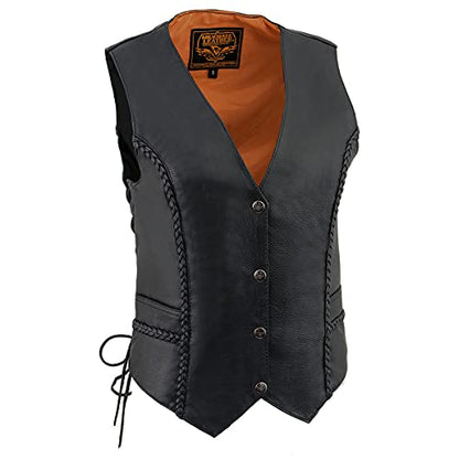 Milwaukee Leather Women's V-Neck Distress Grey Premium Leather Motorcycle Rider Vest w/Side Laces MLL4531 - color: Ml1255-black, size: 4X-Large