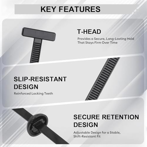 150 Pack Heavy Duty Nylon T-Style Cable Tie Buckle Push Pin Retainer Clips, Self-Locking Automotive Plastic Rivet Fasteners for Fender Liner, Bumper, Splash Shield & Trim, Universal Fit