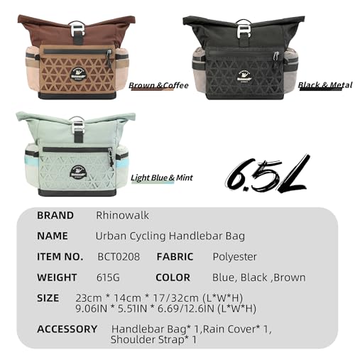 Rhinowalk Handlebar Bag for Brompton Folding Bike, 6.5L Expandable Front Bag with Quick Release Mount, Shoulder Strap, Multiple Pockets and Rain Cover (Duck Egg Blue) - color: Duck Egg Blue