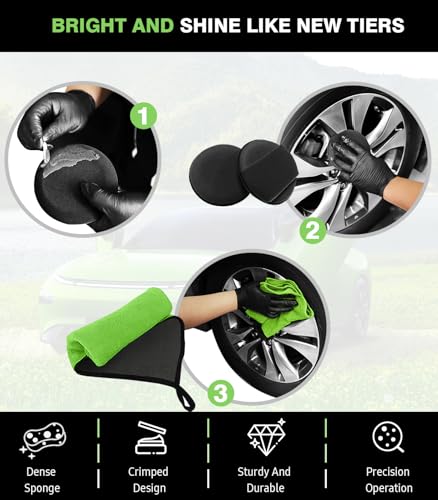 YeewayVeh 8PCS Ultimate Wheel and Tire Brush Kit | 2-Size 360° Bendable Rim Brushes, Boar Hair Detailing Brush, Tire Shine Applicators & Microfiber Towel | Complete Scratch-Free Cleaning & Shining Set - color: Green/Black/Gray, size: 8-Pack