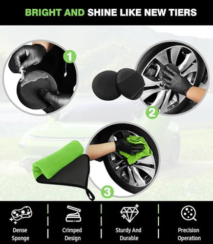 YeewayVeh 8PCS Ultimate Wheel and Tire Brush Kit | 2-Size 360° Bendable Rim Brushes, Boar Hair Detailing Brush, Tire Shine Applicators & Microfiber Towel | Complete Scratch-Free Cleaning & Shining Set - color: Green/Black/Gray, size: 8-Pack