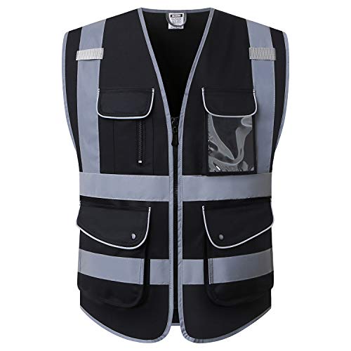 Class 2 Retro-Reflection Safety Vests 9 Pockets and Front Zipper ANSI/ISEA 107-2015 (Black-03, Large) - color: Black, size: Large