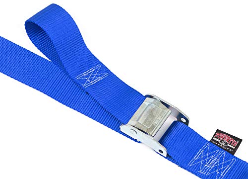 PowerTye Cam Buckle Tie Down Straps – 2 inch x 12ft Straps with Latch Hooks – Ideal for Motorcycle, ATV, Trailers, and Truck Bed Cargo – 600 lb WLL & 1,800 lb Break Strength – USA Made, Blue (Pair) - color: Blue