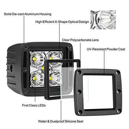 LED Pods, RFROAD LIGHTING 2pcs 3" 100W Super Bright LED Driving Lights LED Cube Lights Spot Square Work Lights for Truck Offroad ATV UTV SUV Car Boat - size: 3 Inch White Spot Light