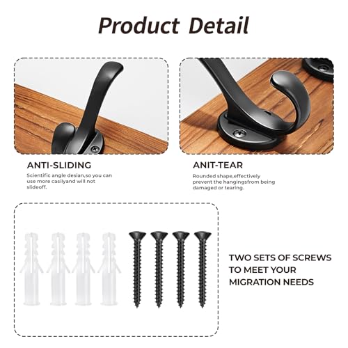 Coat Rack Wall Mount, Pre-Assembled 16" Coat Hooks with 5 Hooks, Heavy Duty Rustic Farmhouse Wood Plank Hooks for Hanging Hat, Clothes, Keys, Jacket, Purse - Door, Entryway, Mudroom - size: Pine wood - black hook