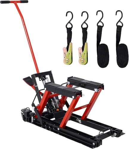1500LBS Hydraulic Motorcycle Lift Jack with Wheels & Handle, Foot-Operated Steel ATV Lift, Heavy Duty 1500 lb Capacity, 4-Position Safety Lock for Garage Workshop - color: Red