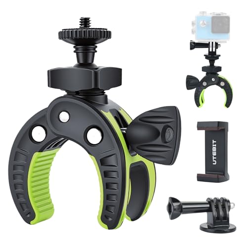 UTEBIT Super Clamp Camera Mount Kit for Gopro, 360° Rotation 1/4 Screw Head Cell Phone Tripod Mount, Adapter Mount Compatible with Action Cam DSLR Bike Motorcycle Handlebar Accessories Black/Green - color: Black + Green