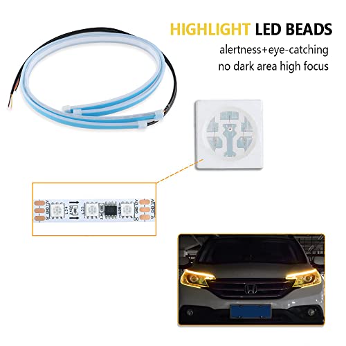 2PCS White-Amber Streamers LED Light Strip for Head Light Day Running Light/Turn Signal Bulbs, Cuttable & Waterproof, Universal 12V Exterior Car LED Light Truck SUV Decorations