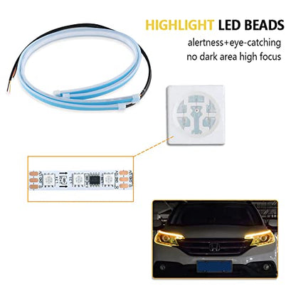 2PCS White-Amber Streamers LED Light Strip for Head Light Day Running Light/Turn Signal Bulbs, Cuttable & Waterproof, Universal 12V Exterior Car LED Light Truck SUV Decorations