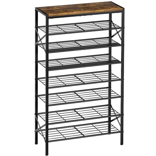 8-Tier Tall Shoe Rack Organizer Shoe Storage for Entryway 24-32 Pairs Metal Shoe Rack for Closet Heavy-Duty Shoe Rack with Wooden Top Shelf for Garage Rustic Brown - color: Rustic Brown, size: 8-tier