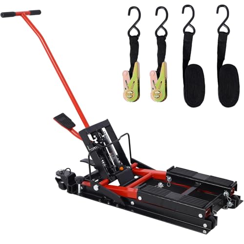 Hydraulic Motorcycle Lift Jack - 1500 Lbs Capacity, Portable ATV Scissor Lift Table with 4 Wheels, Foot-Operated Hoist Stand with Tie-Down, Black - color: Black
