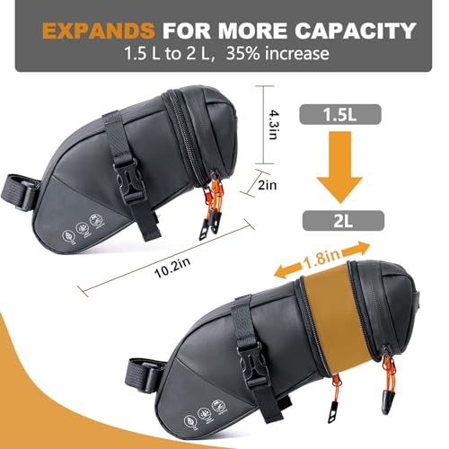 NDakter Bike Seat Bag, Expandable Bicycle Saddle Bag Under Seat, Waterproof Reflective Cycling Seat Pouch for Mountain Road Commuter & Ebikes, 1.5-2L Bike Tool Storage Pack