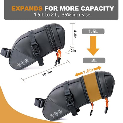 NDakter Bike Seat Bag, Expandable Bicycle Saddle Bag Under Seat, Waterproof Reflective Cycling Seat Pouch for Mountain Road Commuter & Ebikes, 1.5-2L Bike Tool Storage Pack