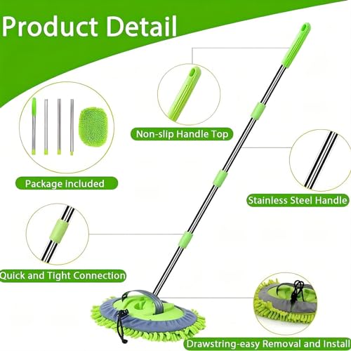 WillingHeart 63" Car Wash Mop Brush Tool Mitt with Long Handle Length More Suitable for Washing Cars Truck, SUV, RV, Trailer, 2 in 1 Chenille Microfiber Duster Not Hurt Paint Scratch Free, Green - color: Green