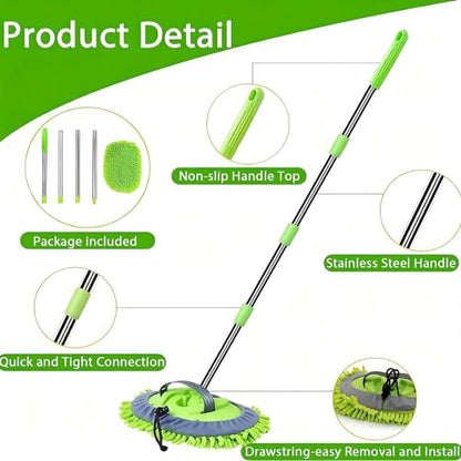 WillingHeart 63" Car Wash Mop Brush Tool Mitt with Long Handle Length More Suitable for Washing Cars Truck, SUV, RV, Trailer, 2 in 1 Chenille Microfiber Duster Not Hurt Paint Scratch Free, Green - color: Green