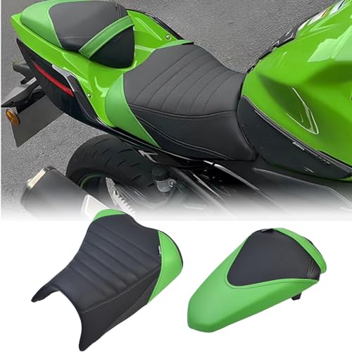 Upgrade Soft PU leather Front Driver Rider Seat Passenger Pillion Seat Cushion Comfortable compatible with Kawasaki ninja 400 Z400 Z-400 Accessories 2018-2024 (Front+Rear Seat-Green) - color: Front+Rear Seat-Green