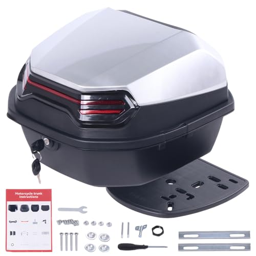 Japard Motorcycle Top Case 42L Daily Rear Tail Box Trunk, Lockable Storage Carrier, Waterproof Universal Mounting for Helmet Luggage (Silver White) - color: Silver White