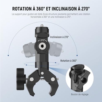 NEEWER Motorcycle Bike Handlebar Clamp Mount, Heavy Duty Clip Holder, 1/4" Screw & 3 Prong Adapter Compatible with Insta360 X5 X4 GoPro Hero 13 12 POV Video Recording, 360° Rotation & 270° Tilt, CA161 - style: CA161