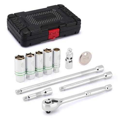 EMENTOL 11-Piece 3/8" Drive Magnetic Spark Plug Socket Set (5/8", 3/4", 13/16", 14mm, 18mm), with Ratchet Wrench & Universal Joint, Extension Bar and Spark Plug Gapper - size: 11-Piece Set (Magnetic)