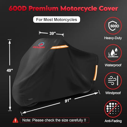 Comnova Motorcycle Cover 91 Inch - 600D Outdoor Motorbike Cover Waterproof with Lock Hole, Universal Fit for Harley, Honda, Kawasaki, Full Protection, Moped Covers for Motorcycle Vehicle Up to 91" - size: Basic - 91 Inch