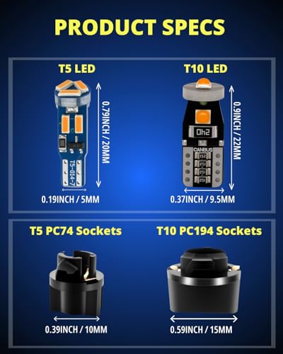WLJH 40-Pack 194 168 T10 T5 LED Bulbs With Sockets, Non-Polarity Dimmable, Dashboard Dome Map License Plate Trunk Parking Light Upgrade,300 LM Interior & Exterior Replacement, Yellow Bright - color: Yellow