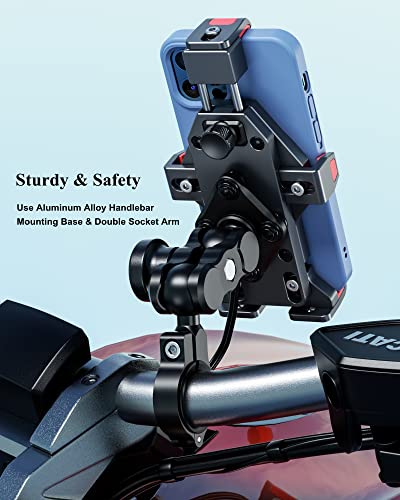 BRCOVAN Aluminum Alloy Motorcycle Phone Mount with Qi 15W Wireless Charger | with Vibration Dampener, Waterproof Anti-Theft Motorcycle Handlebar Cellphone Holder, Adjustable Fit 4.7''-7.2'' Smartphones - color: BLACK