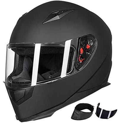ILM Full Face Motorcycle Street Bike Helmet with Removable Winter Neck Scarf + 2 Visors DOT Model ILM-313 - color: Matte Black