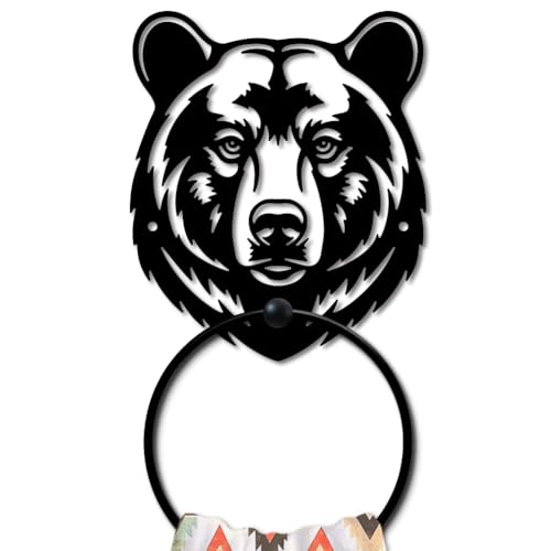 MAYJOYDIY Bear Head Metal Towel Ring, Forest Animal Black Hand Towel Holder, Artistic Wildlife Bear Hanging Ring Wall Mounted Decorative Bathroom Accessories for Bathroom Kitchen Home Decoration Gift - color: Bear Head