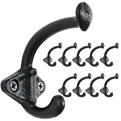 Dseap Cast Iron Wall Hooks, Heavy Duty Coat Hooks, Rustic Vintage Farmhouse Hook for Hanging Winter Coats Jackets Towels Hats Bags Plants, Antique Black, Pack of 10 (ShldCast) - color: Black, size: L=3.25" (Pack of 10)
