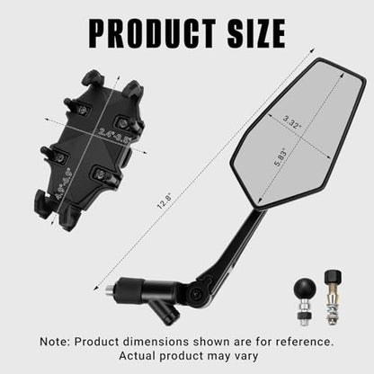 Motorcycle Mirrors For Handlebars With Phone Mount, Impact-Resistant ATV Mirrors, Adjustable Universal Rear View Mirrors Compatible With Honda Yamaha Suzuki Kawasaki E-Bike ATV Mopeds Scooter Cruiser