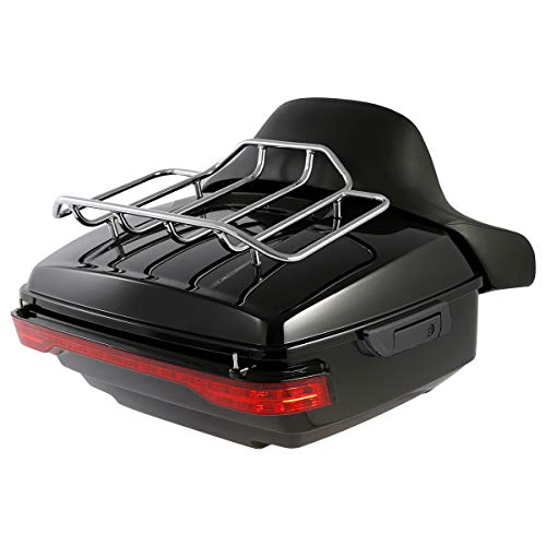 XFMT-moto-part King Trunk W/Black Latches Backrest Chrome Luggage Rack LED Light For Harley Touring Trunk Road King Street Glide Road Glide Electra Glide 2014-2025 - color: W/ Black Latches Red Lens Light & Chrome Rack