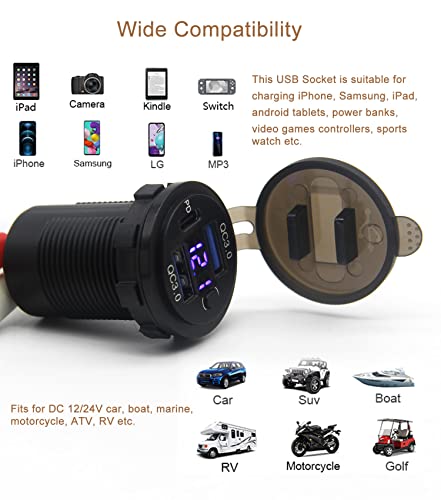 Dual USB Quick Charge 3.0 Port & PD USB C Car Charger Socket, 12V USB Outlet with Voltmeter and Power Switch for Car Boat Marine Truck - color: 2QC+1PD