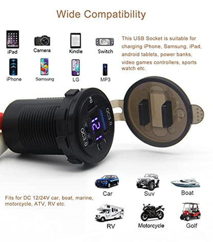 Dual USB Quick Charge 3.0 Port & PD USB C Car Charger Socket, 12V USB Outlet with Voltmeter and Power Switch for Car Boat Marine Truck - color: 2QC+1PD