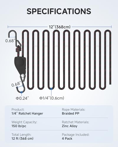 Fondwell 1/4" Rope Tie Downs Ratchet: 4 Pack of Kayak Storage Straps Heavy Duty - Ratcheting Cargo Straps for Various Hanging and Strapping - size: 1/4" 4-Pack