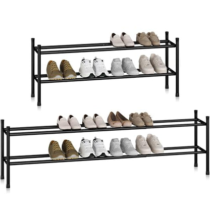STORAGE MANIAC Long Expandable Shoe Rack, 12 Pairs Metal Wide Stackable Shoe Rack, Adjustable Shoes Shelf, Freestanding Shoes Organizer for Closet, Entryway, Hallway, Garage, Front Door, 2 Tiers - size: 2-tier