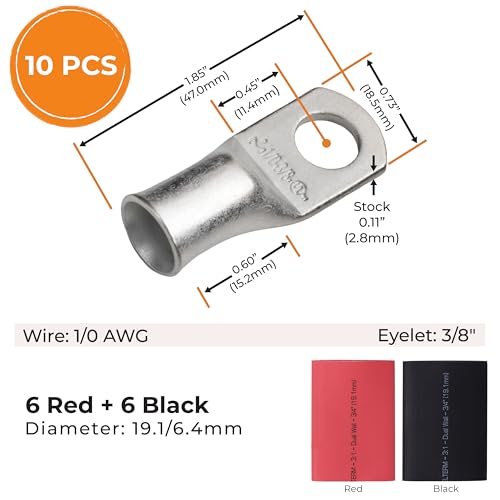 SELTERM 10pcs - 1/0 Awg - 3/8" Stud - Battery Lugs - Ring Terminal Connectors with 12pcs 3:1 Black & Red Heat Shrink Tubing with Adhesive | Heavy Duty Battery Cable Ends - Tinned Copper Wire Lugs Kit - color: Tinned Copper Lugs + Heat Shrinks, size: 1/0 A