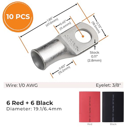 SELTERM 10pcs - 1/0 Awg - 3/8" Stud - Battery Lugs - Ring Terminal Connectors with 12pcs 3:1 Black & Red Heat Shrink Tubing with Adhesive | Heavy Duty Battery Cable Ends - Tinned Copper Wire Lugs Kit - color: Tinned Copper Lugs + Heat Shrinks, size: 1/0 A
