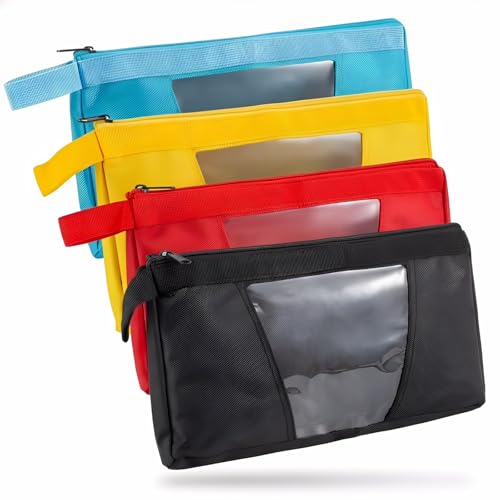 QCWN 4 Pack Tool Pouches with Zipper - 13.7" Heavy Duty 1680D Small Tool Bag with Clear Window - Waterproof Utility Storage Organizer for Electrician, HVAC, Mechanic (Red/Yellow/Blue/Black) - color: 4 Pack Red+Yellow+Blue+Black